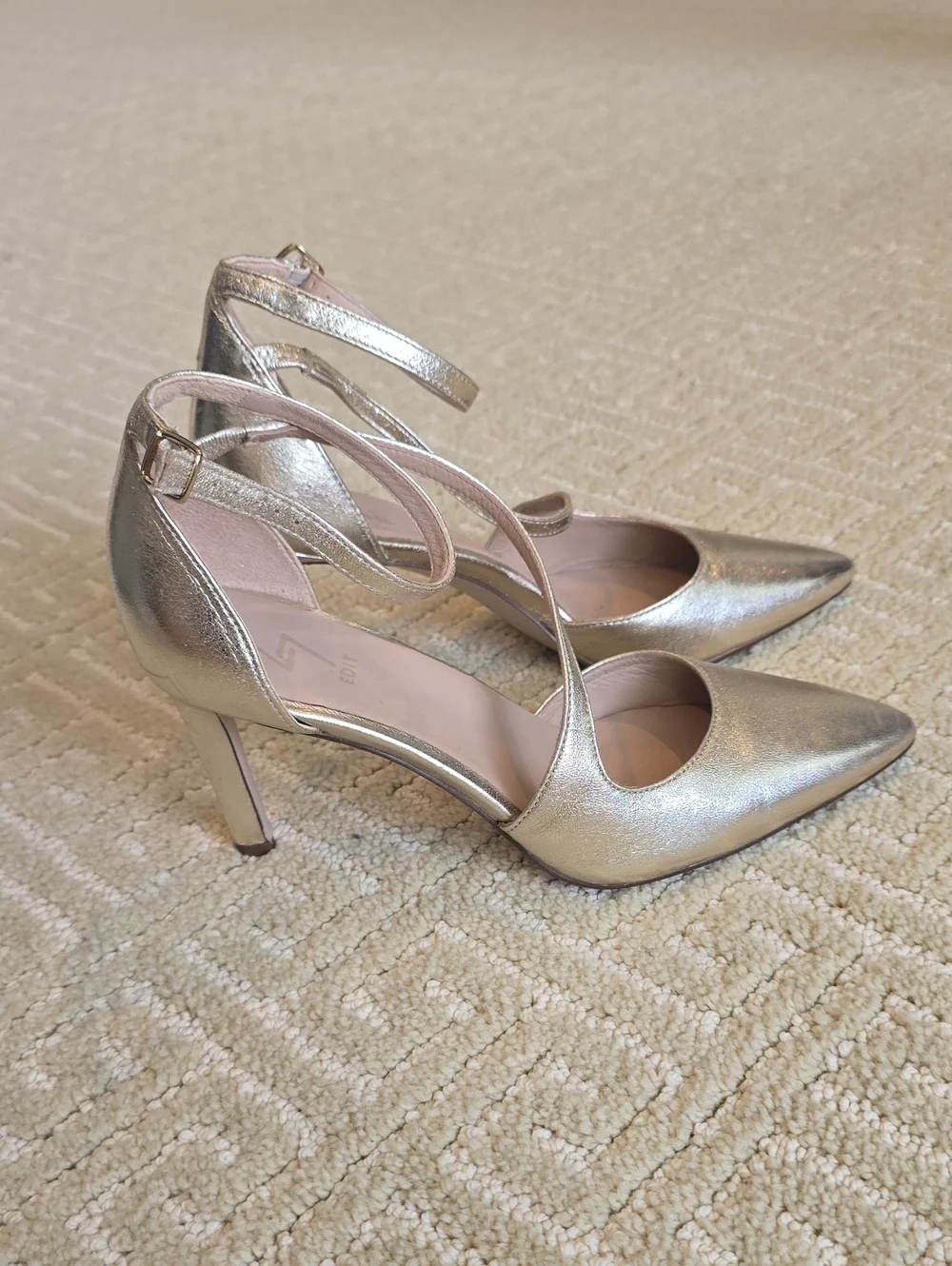 27 Edit Metallic Gold Pointed-Toe Crisscross Ankle-Strap Heels, Size 7